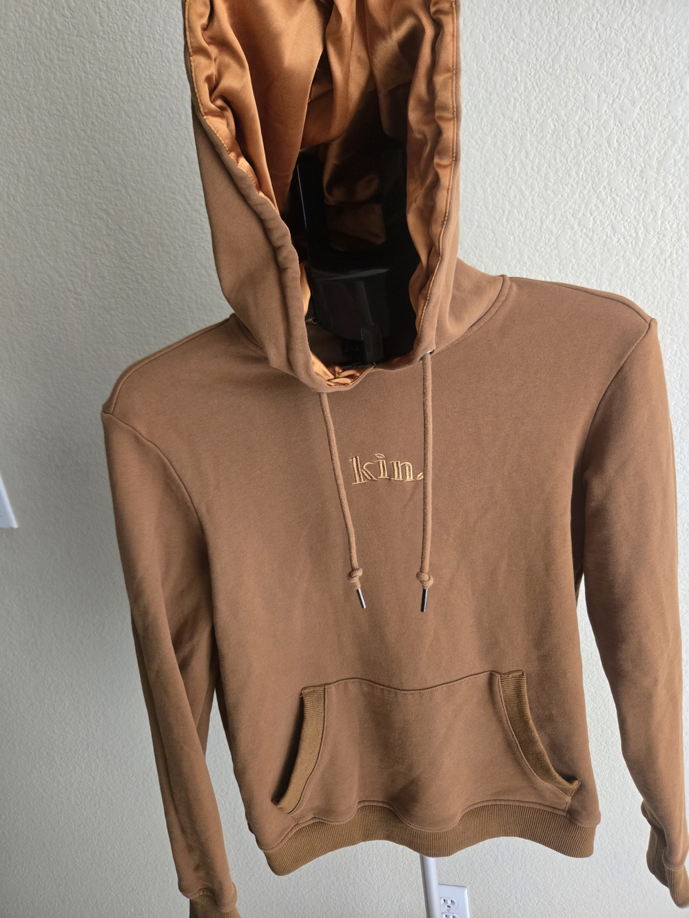 Kin Unisex Camel Brown Hooded Sweatshirt with Embroidered Logo